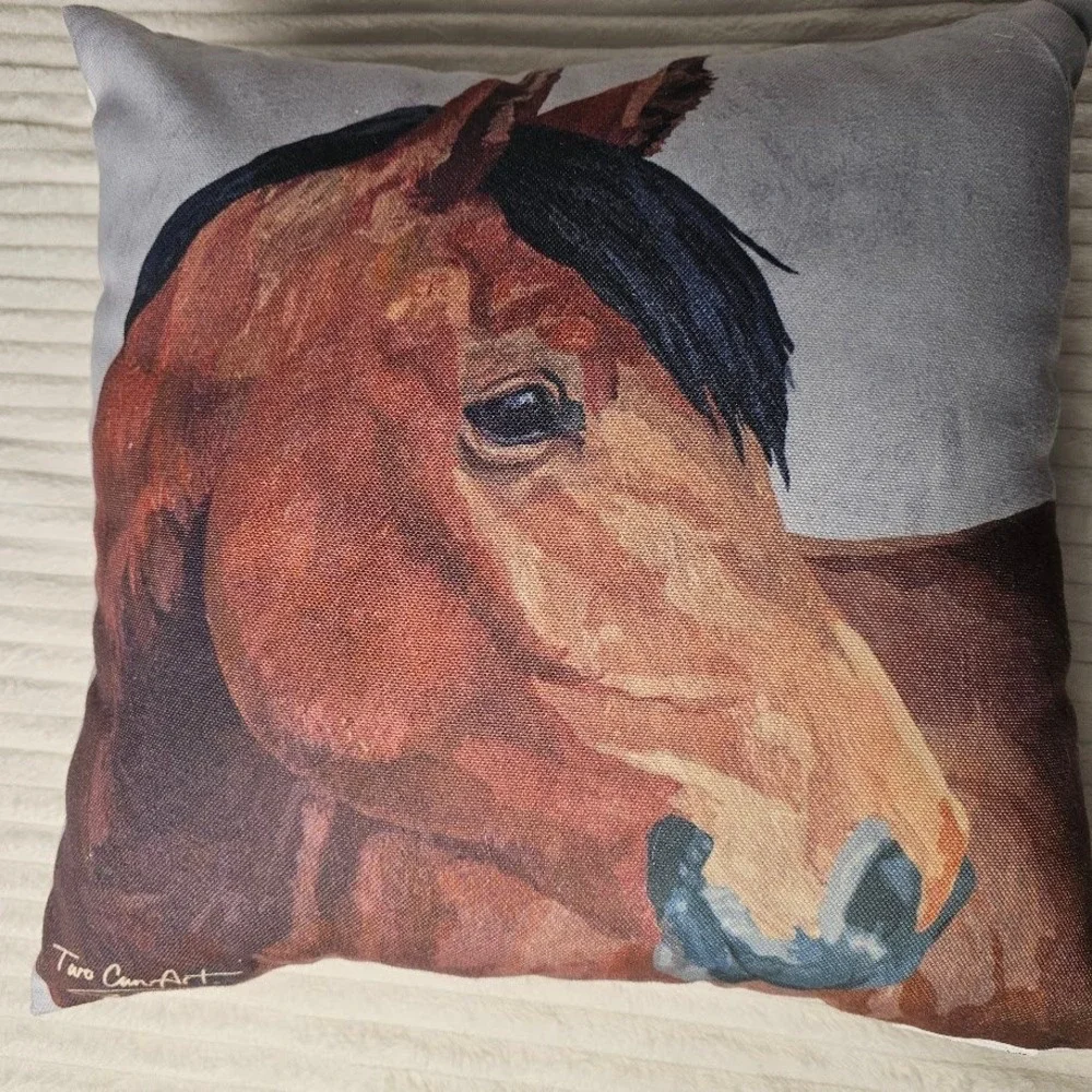 Two Can Art Horse Portrait Accent Pillow 17x17 Brown Western Equestrian Rustic